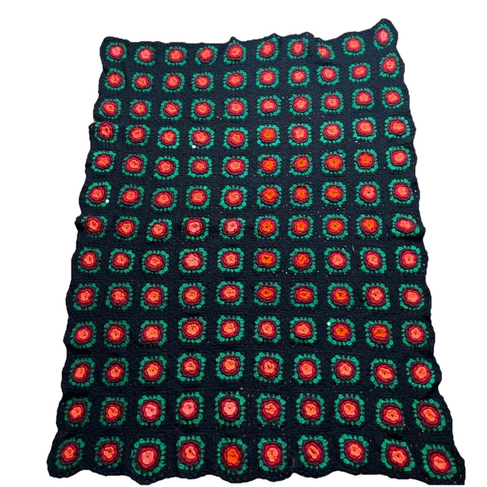 Vintage Granny Square Afghan Handmade Crochet Blanket Throw Black Rose 42x54 - Picture 2 of 6